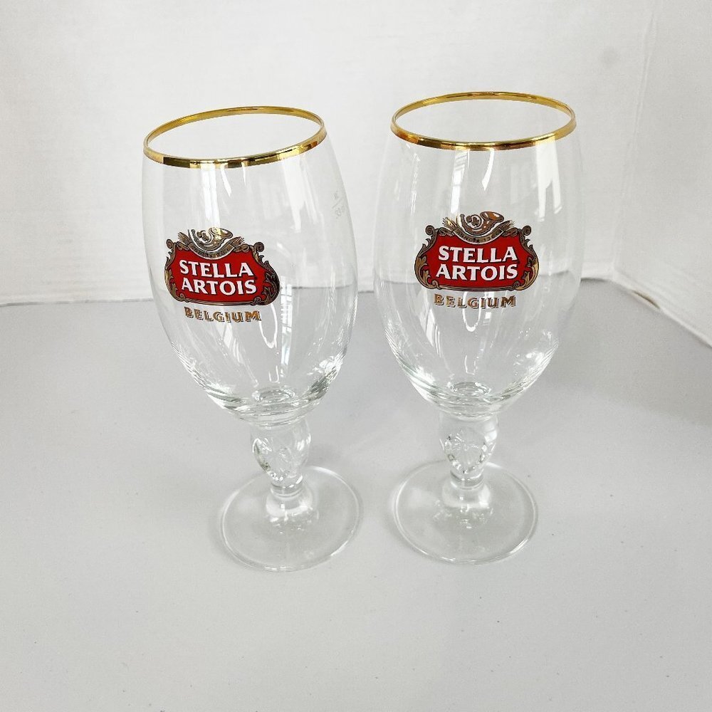 Stella Artois Belgium Beer Glasses Chalice 33CL Set of 2 Gold‎ Rim